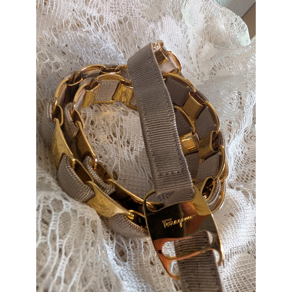 Salvatore Ferragamo Women's Skinny Belt Ribbon Nylon Tan Beige Gold Chain M